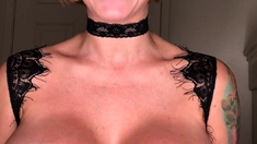 Busty curly brunette with big boobs fucks on couch
