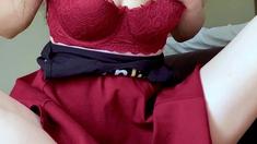 Busty curly brunette with big boobs fucks on couch