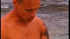 Tattooed Muscular Buddy Gets Naked And Masturbates On A Sunny Beach