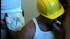 A cop walks into a gay construction worker's orgy and whips out his cock to join in