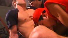 Hairy gay hunks throw a hardcrore bareback orgy on a dirty alley