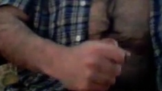 Hairy chest daddy jerking and shoot a nice load